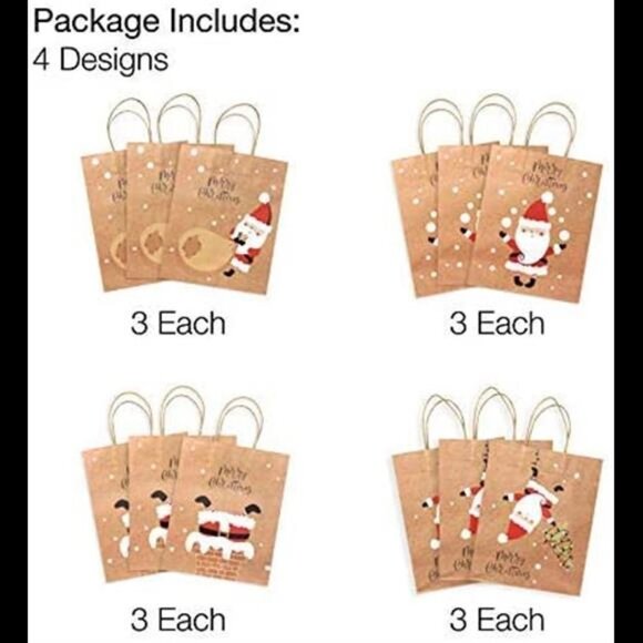 12Pcs Santa Claus Christmas Kraft Paper Gift Wrap Bags, Chimney Xmas Tree, 10 In - Picture 4 of 7